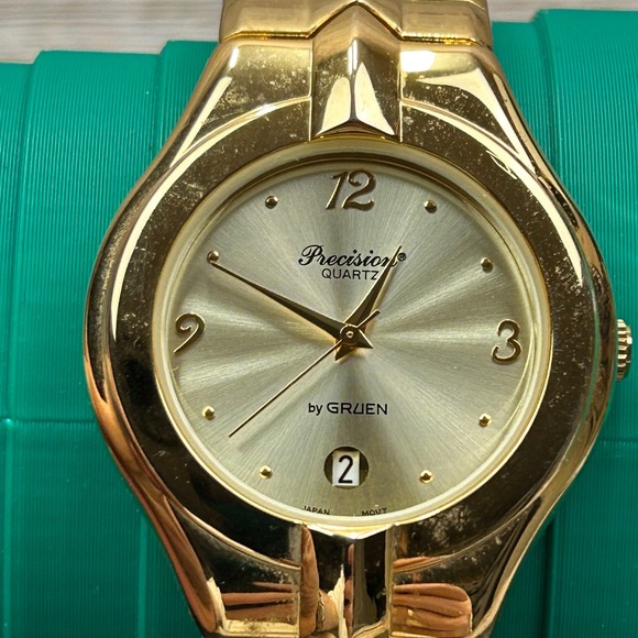 Precision by Gruen Gold Tone Quartz Watch Date Window Japan Movt Tested